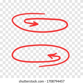 Objeto dibujado a mano para uso de diseño. Marco rojo de círculo de doodle y flechas sobre fondo transparente. Dibujo abstracto de la pluma. Ilustración de arte del vector