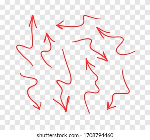 Hand drawn object for design use. Red doodle arrows on transparent background. Abstract pen drawing. Vector art illustration