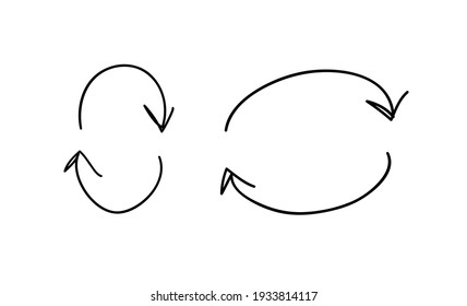 Handgezeichnetes Objekt für den Designgebrauch. Schwarze Doppelkreisrahmen und Pfeile auf transparentem Hintergrund. Abstrakte Stift-Zeichnung. Vektorgrafik-Illustration