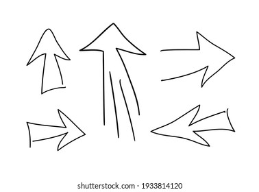 Hand drawn object for design use. Black doodle arrows on transparent background. Abstract pen drawing. Vector art illustration