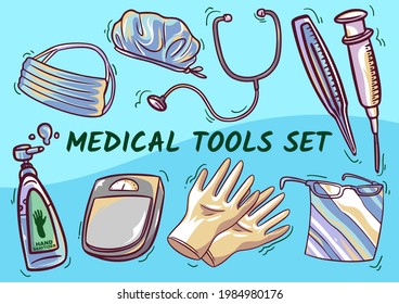 Hand drawn object icons collection in colorful style vector illustration