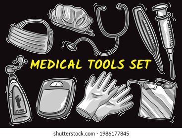 Colección de iconos de objetos dibujados a mano en ilustración vectorial de estilo monocromático