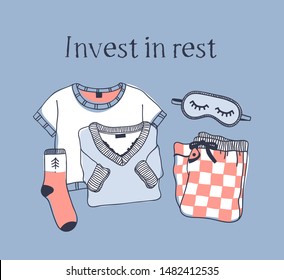 Hand drawn objects about Sleep Routines and text.Vector Cozy Illustration. Creative artwork. Set of doodle pajamas and quote INVEST IN REST