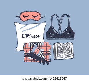 Hand drawn objects about Sleep Routines and text.Vector Cozy Illustration. Creative artwork. Set of doodle pillow and quote