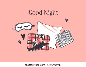 Hand drawn objects about Sleep Routines and text.Vector Cozy Illustration. Creative artwork. Set of doodle pillow and quote  GOOD NIGHT