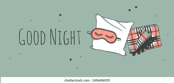 Hand drawn objects about Sleep Routines and text.Vector Cozy Illustration. Creative artwork. Set of doodle pillow and quote  GOOD NIGHT