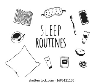 Hand drawn objects about Sleep Routines and text.Vector Cozy Illustration Sleeping Mask. Creative artwork. Set of doodle and quote