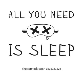 Hand drawn objects about Sleep Routines and text.Vector Cozy Illustration. Creative artwork. Set of doodle and quote ALL YOU NEED IS SLEEP