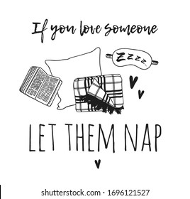 Hand drawn objects about Sleep Routines and text.Vector Cozy Illustration Sleeping Mask. Creative artwork. Set of doodle and quote