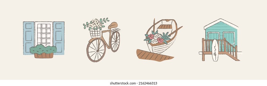 Hand drawn objects about vacation and leisure 