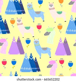 Hand drawn objects from Peru. Colorful vector seamless pattern. Yellow background