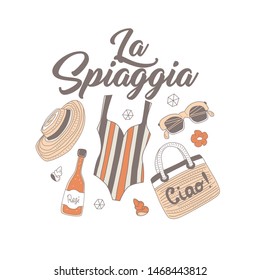 Hand drawn objects related to vacation in Italy and slogan in italian which means Beach. For t-shirts, crafts, cards, textiles and paper print and design.