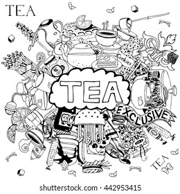 Hand drawn objects and symbols on the Tea theme.