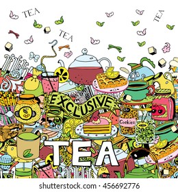 Hand drawn objects and symbols on the Tea theme.
