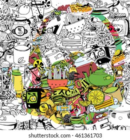 Hand drawn objects and symbols on the Tea theme. Teapot.