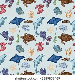 Hand drawn of ocean animals, vector illustration seamless pattern.