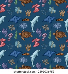Hand drawn of ocean animals, vector illustration seamless pattern.