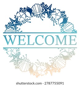 Hand drawn ocean and beach wreath with starfish sand dollars, shells and seaweed. Beach theme wreath with ocean elements and the word welcome