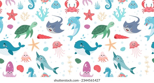 Hand drawn ocean creatures seamless pattern. Cartoon Sea animals. Vector doodle style sea animals for design. Vector illustration isolated on white background. Sea life pattern.