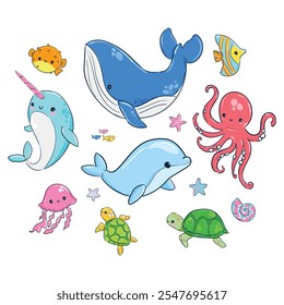 Hand Drawn Ocean Cute Sea Creatures Vector Set Illustration