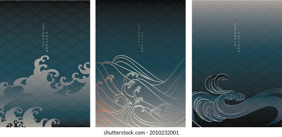 Hand drawn ocean sea background with Japanese wave pattern vector. Blue water surface banner design in vintage style.