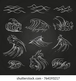 Hand drawn ocean and sea storm waves on blackboard. Vector illustration