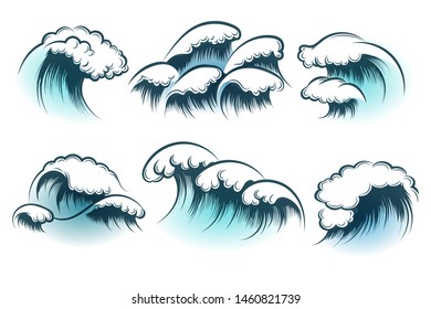 Hand Drawn Ocean or sea waves isolated on white background. Vector illustration.