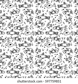 Hand drawn ocean seamless pattern with cute fish. Vector summer background for prints, T-shirt. Cartoon doodle background. Collection of sketch fish.