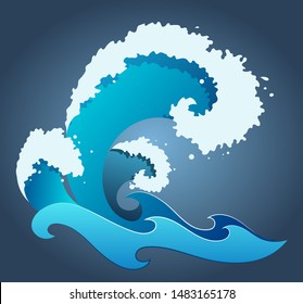 hand drawn ocean wave with foam, drops and splashes, isolated vector illustration