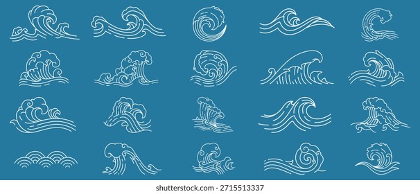 Coleção de vetor de arte de linha de onda desenhada à mão com respingos de água fluindo, ondas de mar curvadas e formas de fluido dinâmico. Elementos de esboço de tinta minimalista inspirados pela arte de onda japonesa, isolados sobre fundo branco.