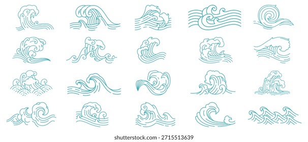Conjunto de vetor de arte de linha de onda desenhada à mão com respingos de água fluindo, ondas de mar curvadas e formas fluidas dinâmicas. Elementos de onda decorativos minimalistas inspirados no estilo japonês, isolados sobre fundo branco.