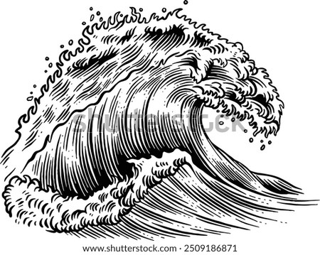 Hand drawn Ocean Wave Tidal Wave Water Sketch Illustration Engraving Woodcut Vintage Style