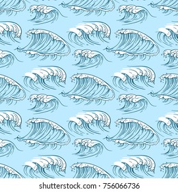 Hand drawn ocean waves seamless pattern background flat. Vector illustration