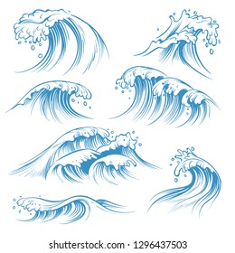 Hand drawn ocean waves. Sketch sea waves tide splash. Hand drawn surfing storm wind water doodle vector isolated vintage elements