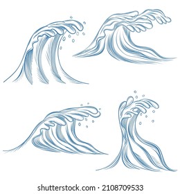 Hand drawn ocean waves. Sketch sea waves tide splash, surfing storm wind water doodle vintage elements