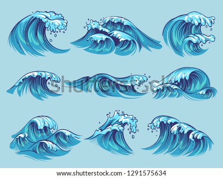 Hand drawn ocean waves. Sketch sea tidal blue waves tide splash hand drawn surfing storm wavy water doodle vector isolated vintage set