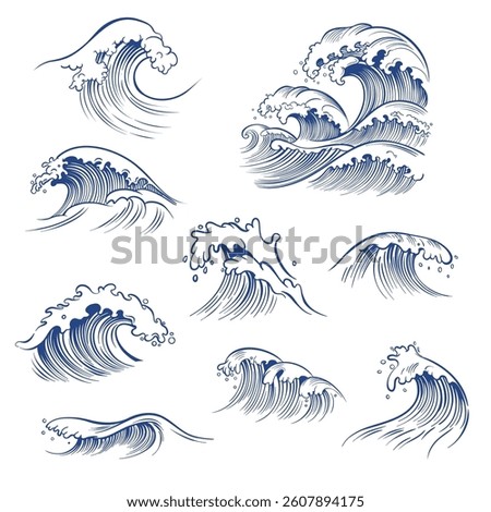 Hand drawn ocean waves in various shapes and dynamic forms. Vector illustration in line art style
