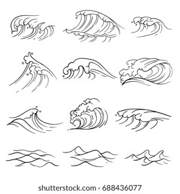 Hand Drawn Ocean Waves Vector Set. Sea Storm Wave Isolated. Nature Wave Water Storm Linear Style Illustration