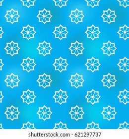 Hand drawn octagonal flower in arabic seamless pattern background. Traditional white oriental signs and symbols on soft blue backdrop. Greeting card background for muslim cards, banners.