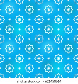 Hand drawn octagonal and little stars in arabic seamless pattern background. Traditional white oriental signs and symbols on soft blue backdrop. Greeting card background for muslim cards, banners.