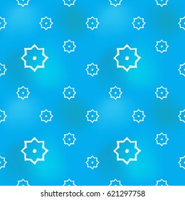 Hand drawn octagonal star with circle in arabic seamless pattern background. Traditional white oriental signs and symbols on soft blue backdrop. Greeting card background for muslim cards, banners.