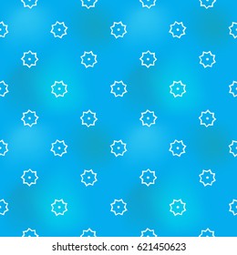 Hand drawn octagonal star with circle in arabic seamless pattern background. Traditional white oriental signs and symbols on soft blue backdrop. Greeting card background for muslim cards, banners.