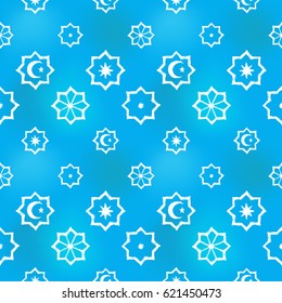 Hand drawn octagonal stars in arabic seamless pattern background. Traditional white oriental signs and symbols on soft blue backdrop. Greeting card background for muslim cards, banners.