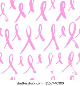 Hand drawn October Breast Cancer Awareness Month seamless pattern isolated on the white background. Brush ink vector illustration for banners, greeting card, poster design