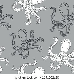 Hand drawn octopus coloring vector pattern for children and adults.
Seamless background for wallpapers, postcards and posters. Black and white. Underwater world.