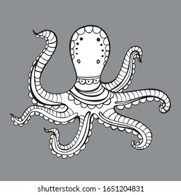 Hand drawn octopus coloring vector illustration for children and adults.
Design for wallpapers, postcards and posters. Black and white. Underwater world.