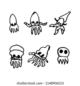 Hand Drawn octopus doodles set. Sketch style icons. Decoration element. Isolated on white background. Flat design. Vector illustration.