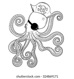 Hand drawn Octopus like Pirate, animal totem for adult Coloring Page in zentangle style, for tattoo, illustration with high details isolated on white background. Vector sketch. Sea collection.