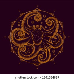 Hand drawn octopus. Mandala. Orange animal pattern on the black background