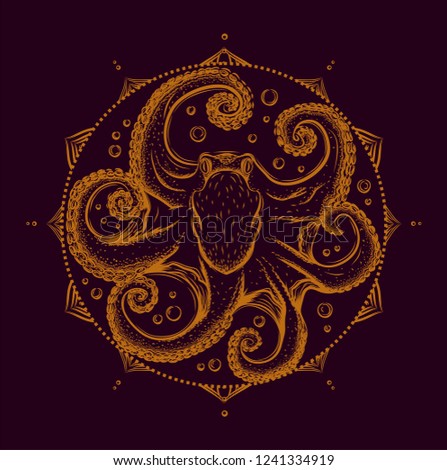 Hand drawn octopus. Mandala. Orange animal pattern on the black background